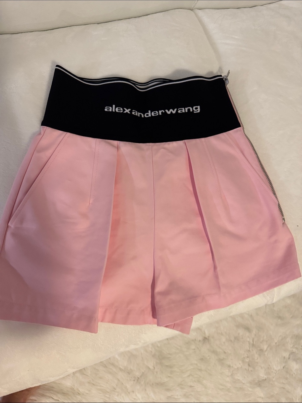 Alexander Wang Pink Pleated Skort with Black Logo Waistband and Side Zip